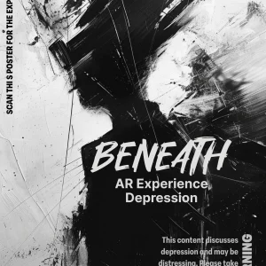 Beneath AR Poster 1. A hiumanoid shadow lurking in the background, with the Name on top: Beneath